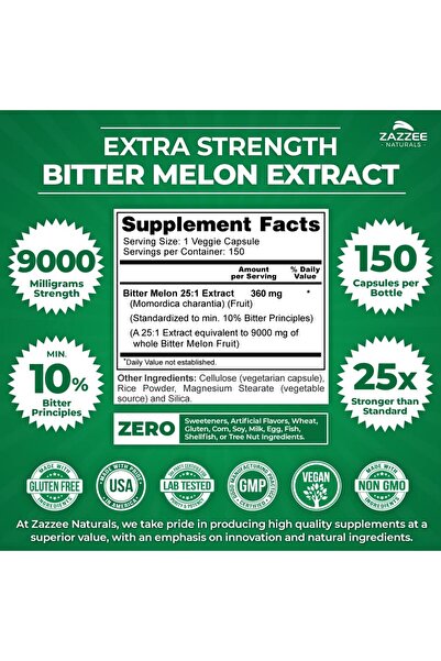 Zazzee Extra Strength Bitter Melon 25:1 Extract, 9000 mg, 10% Bitter, 150 Vegan Caps, Non-GMO