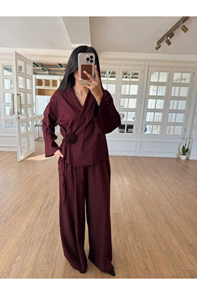 My Blog Bluzka ze spodniami w kolorze claret red rose z detalami - 8637