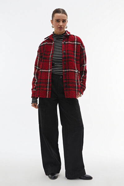 Mudo Women's Red Buttoned Plaid Shirt Jacket
