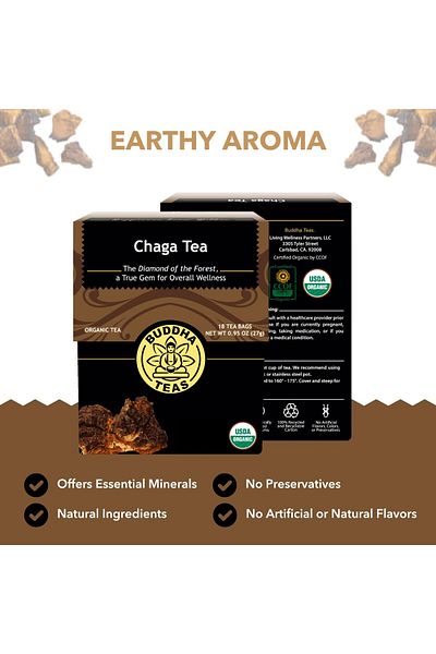 Buddha Teas Organic Chaga Tea - Cognitive Balance & Health - Chaga Mushroom, Antioxidants, B Vitamins - 18 Bags