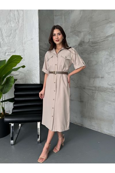 Elif Özbey Butik Φόρεμα με πέτρινο κουμπιά και ζώνη