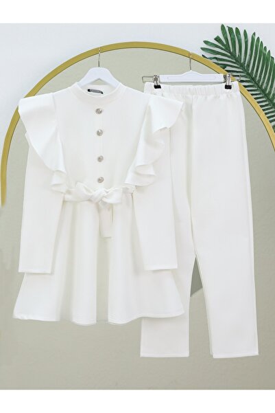 Modamorfo Button Detailed Stand Collar Ruffled Shoulder Scuba Suit - White