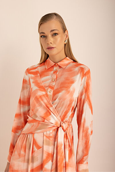 Aker Desenli Astarlı Saten Elbise