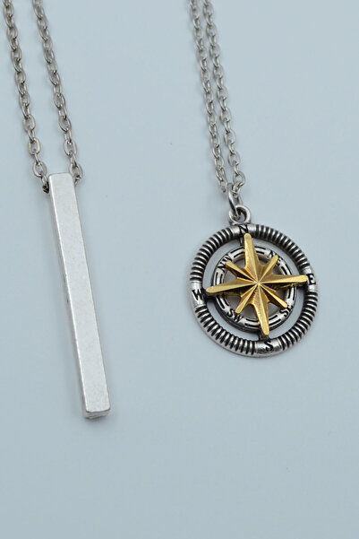 2-Piece Stick Prism Compass Pole Star Silver Plated Necklace Set