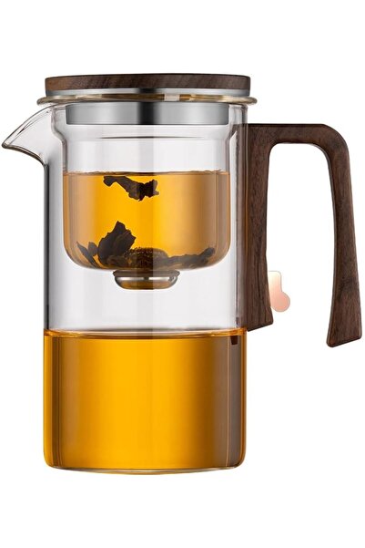 Qerhome Borosilikat Cam Ahşap Kapak ve Sap Detaylı Mıknatıs Özellikli Lüks Bitki Çayı Demliği 520 Ml