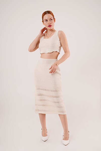 JANES В'язана спідниця з деталями та блуза Оптова торгівля Крем Жіночий комплект