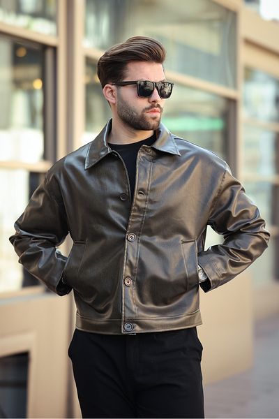 KOCCI Old Money Style Ανδρικό Oversize Vintage Biker Μαύρο Δερμάτινο Μπουφάν