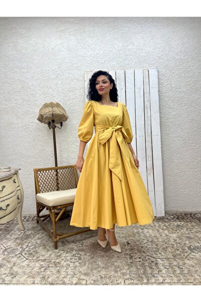 KÜÇÜĞÜM BUTİK Mustard Long Bow Flared Poplin Dress