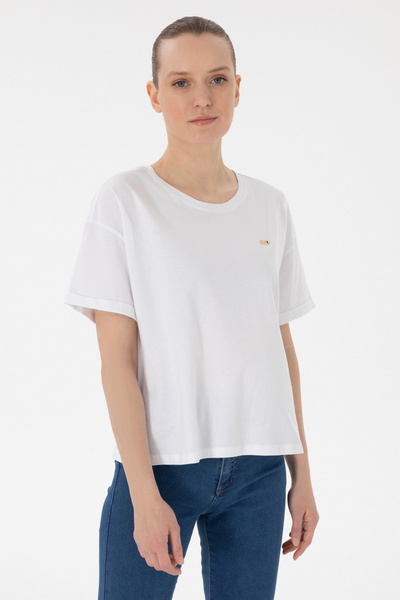 U.S. Polo Assn. Kadın Beyaz Kol Katlamalı Bisiklet Yaka Tişört 50305822-VR013