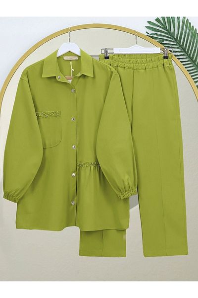 Modamorfo Pearl Detailed Snap Fastener Washable Cotton Gabardine Suit -F.Green