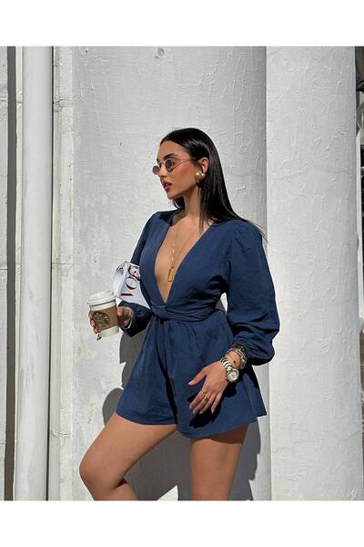 FASHION COCKTAIL Derin V Yaka Belden Oturan Sırt Dekolteli Mini Keten Doğal Kumaşlı Yazlık Tatil Şortlu Tulum