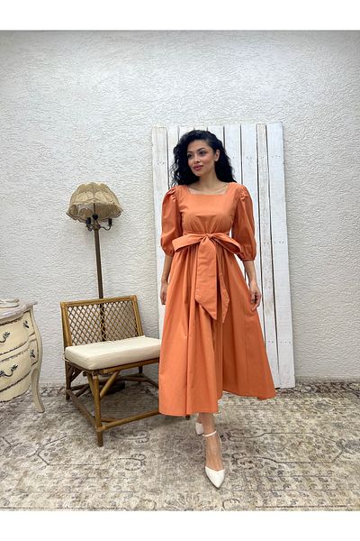 KÜÇÜĞÜM BUTİK Salmon Long Bow Flared Poplin Dress
