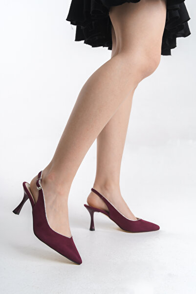 Redoxy Women's Special Design Silver Trimmed Black Suede Design Pointed Toe Buckle Detailed Stiletto Shoes