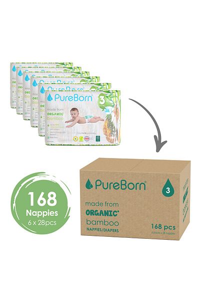 PUREBORN Organic Diapers Size 3 For 5.5-8 Kg Master Value Pack 168pcs with Assorted  Print