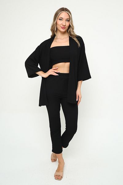 Mythologie Women's Black Wrap Kimono Pants Set – Wide Leg High Waist Crew Neck