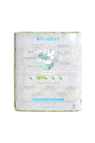PUREBORN Organic Diapers Size 2 For 3-6 Kg Value Pack 64pcs with Leopard Print