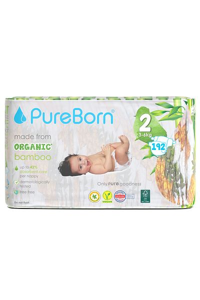 PUREBORN Organic Diapers Size 2 For 3-6 Kg Master Value Pack 192pcs with Assorted  Print