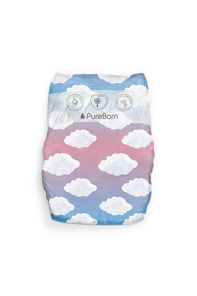 PUREBORN Organic Diapers Size 2 For 3-6 Kg Value Pack 64pcs with Clouds Print
