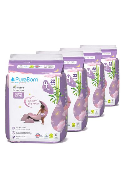 PUREBORN Baby Night Payjama Pants Size 4 For 9-15 Kg Master Pack 88pcs with Assorted Print