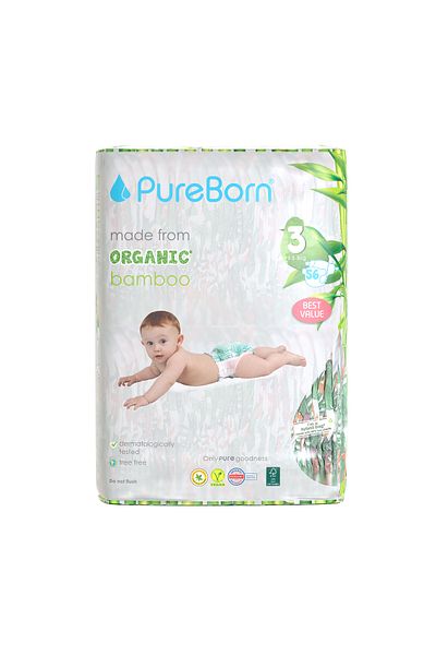 PUREBORN Organic Diapers Size 3 For 5.5-8 Kg Value Pack 56pcs with Assorted  Print