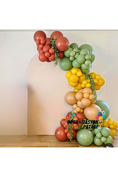 Organizasyon Pazarı مجموعة بالونات ملتهبة برتقالية - رمال صحراوية - كركم - أخضر شتوي مكونة من 100 قطعة من سلسلة البالونات