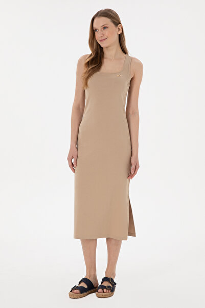 U.S. Polo Assn. Kadın Kum Yırtmaçlı Kolsuz Kare Yaka Midi Boy Örme Elbise 503...