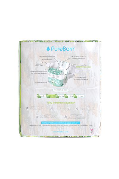 PUREBORN Organic Diapers Size 2 For 3-6 Kg Value Pack 64pcs with Pineapple Print