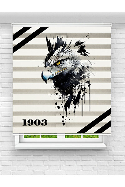 Mas Taraftar Temalı Siyah Beyaz Kara Kartal Baskılı Zebra Perde Stor Perde