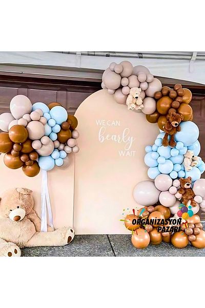 Organizasyon Pazarı Stone Color and Blue 60 Pieces Balloon Chain Set - Caramel and Macaron Pattern
