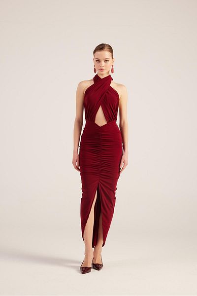 HOLLY LOLLY Burgundy Length Long Marie Dress with Draped Detail Back and Split Design