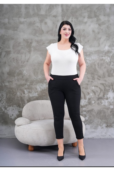 PARKDERİN Plus Size Scuba Crepe Fabric, Double Legs, Elastic Waist, Lycra Trousers
