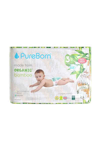 PUREBORN Organic Diapers Size 3 For 5.5-8 Kg Master Pack 112pcs with Pineapple Print