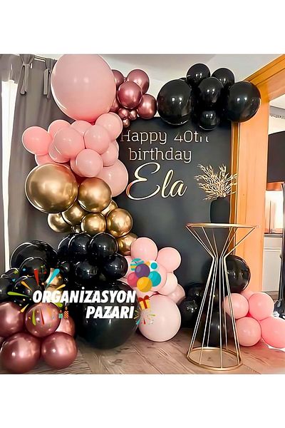 Organizasyon Pazarı Set of 60 Black-Chrome Gold-Macaron Pink Balloon Chains