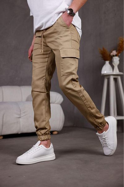 Oksit Hend Slim Fit Lycra Linen Cargo Trousers with Jogging Legs and Elastic Waist