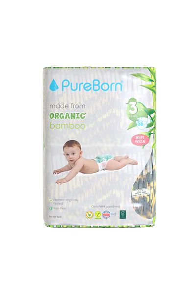 PUREBORN Organic Diapers Size 3 For 5.5-8 Kg Value Pack 56pcs with Leopard Print