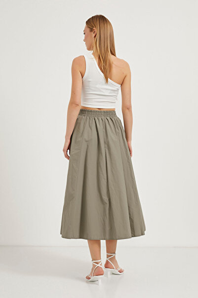 Arma Life Kadın Cepli Lastikli Kloş Poplin Uzun Haki Etek