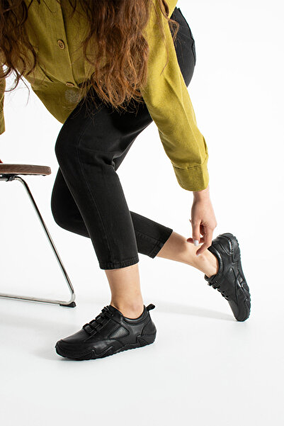 Getcho Dasenk Women's Black Genuine Leather Sports Shoes – Breathable Mesh Design, Non-Slip Sole