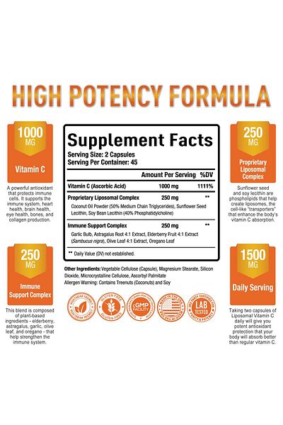 Purely Optimal Premium Liposomal Vitamin C 1000mg - High Absorption, Immune & Collagen Support, Non-GMO, 90 Caps