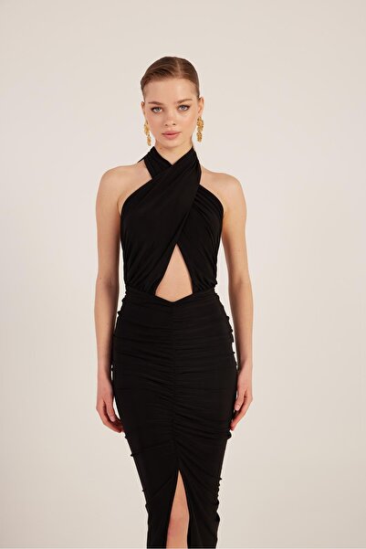 HOLLY LOLLY Drape Detaylı Sırtı Açık Yırtmaçlı Uzun Marie Elbise Siyah