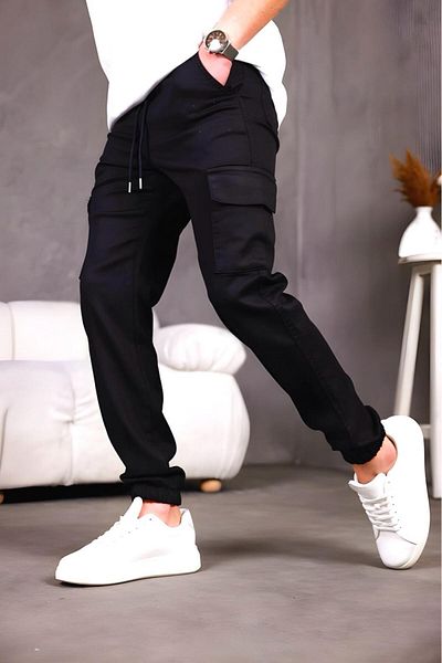 Oksit Hend Slim Fit Lycra Linen Cargo Trousers with Jogging Legs and Elastic Waist