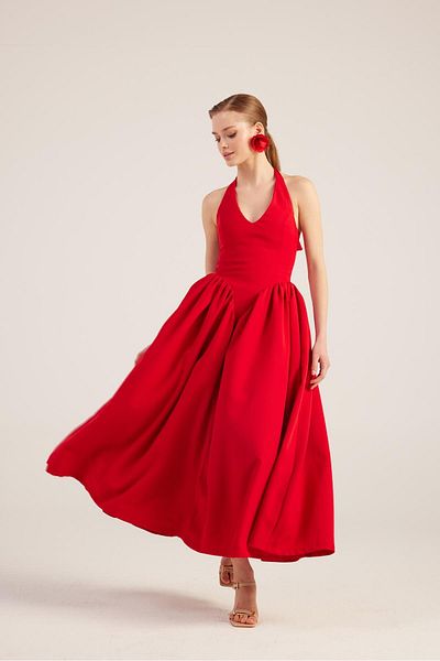 HOLLY LOLLY Long Ophelia Dress - Red Halter Neck Fitted Waist