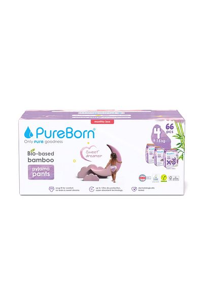 PUREBORN Baby Night Payjama Pants Size 4 For 9-15 Kg Value Pack 66pcs with Clouds Print
