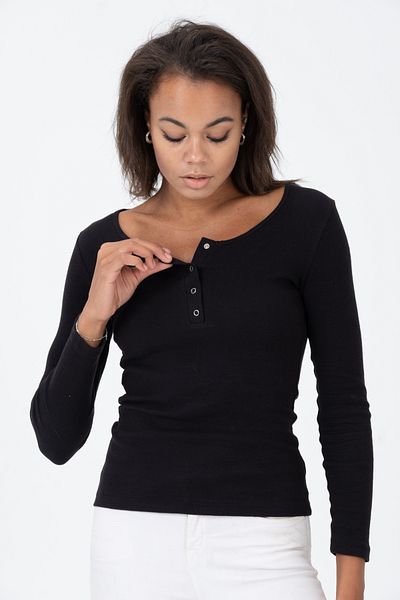 PUNKY CAT Women's Black Snap Fastener Long Sleeve Ribbed Blouse