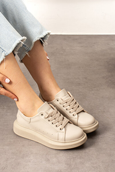 BOUIS Kadın Bej Bağcıklı Casual Rahat Taban Konforlu Yumuşak Yürüyüş Günlük Sneaker Spor Ayakkabı