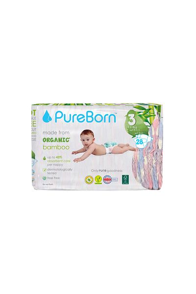 PUREBORN Organic Diapers Size 3 For 5.5-8 Kg Single Pack 28pcs with Clouds Print