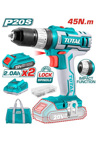 TOTAL 20V 45Nm Vibrating Cordless Drill with Canvas Bag, Extra Battery and Charger Total Tidli2002