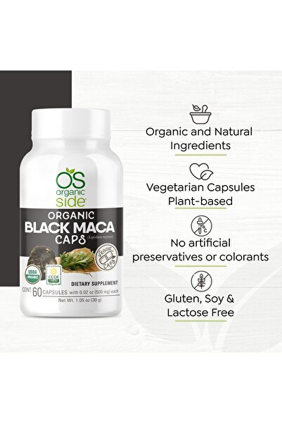 OS Organic Side Black Maca 60 Capsules - Adaptogen - Certified USDA - Non GMO - Vegan