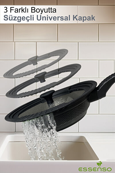 Essenso Üniversal Süzgeçli Silikon Kenarlı Cam Kapak 24-26-28 Cm