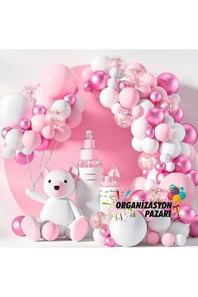 Organizasyon Pazarı 60 Pieces Macaron Pink-Chrome-Pastel White Balloon Chain Set