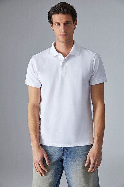 GRIMELANGE Monaghan Men's Polo Neck Relaxed Fit Placket Button Short Sleeve White T-Shirt